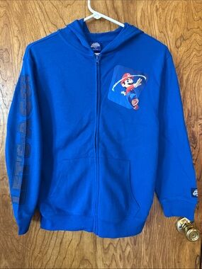 Nintendo Royal Blue Kids Full-Zip lightweight Hoodie with Mario Graphic